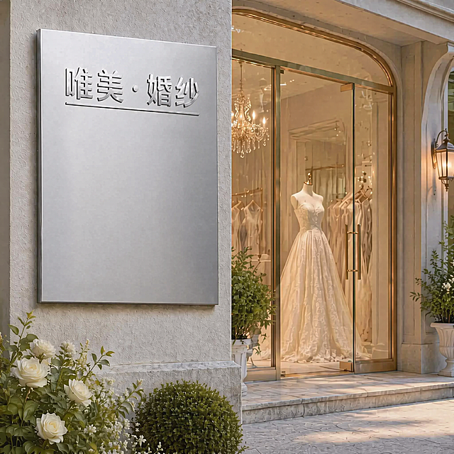 保留银色拉丝门牌和婚纱店门口背景，将门牌上的“唯美·婚纱”文字改为亮面银色金属质感，和下方招牌底色材质保持一致