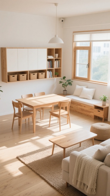 温馨明亮的日式原木风家居空间，开放式客餐厅设计，温暖的阳光透过大窗户洒在浅色木地板上，形成斑驳光影。浅木色长方形餐桌搭配四把同色系餐椅，靠墙设置白色与木色结合的储物柜，内置整齐的收纳篮和书籍。左侧靠窗处有铺着白色靠垫的木质卡座，旁边小边几上摆放绿植。前景是铺着编织纹理地毯的区域，放置浅色布艺沙发，上面搭着针织毯子和靠枕。整体色调以原木色、白色和米色为主，营造自然、简约、舒适的家的氛围，光线柔和……预览效果