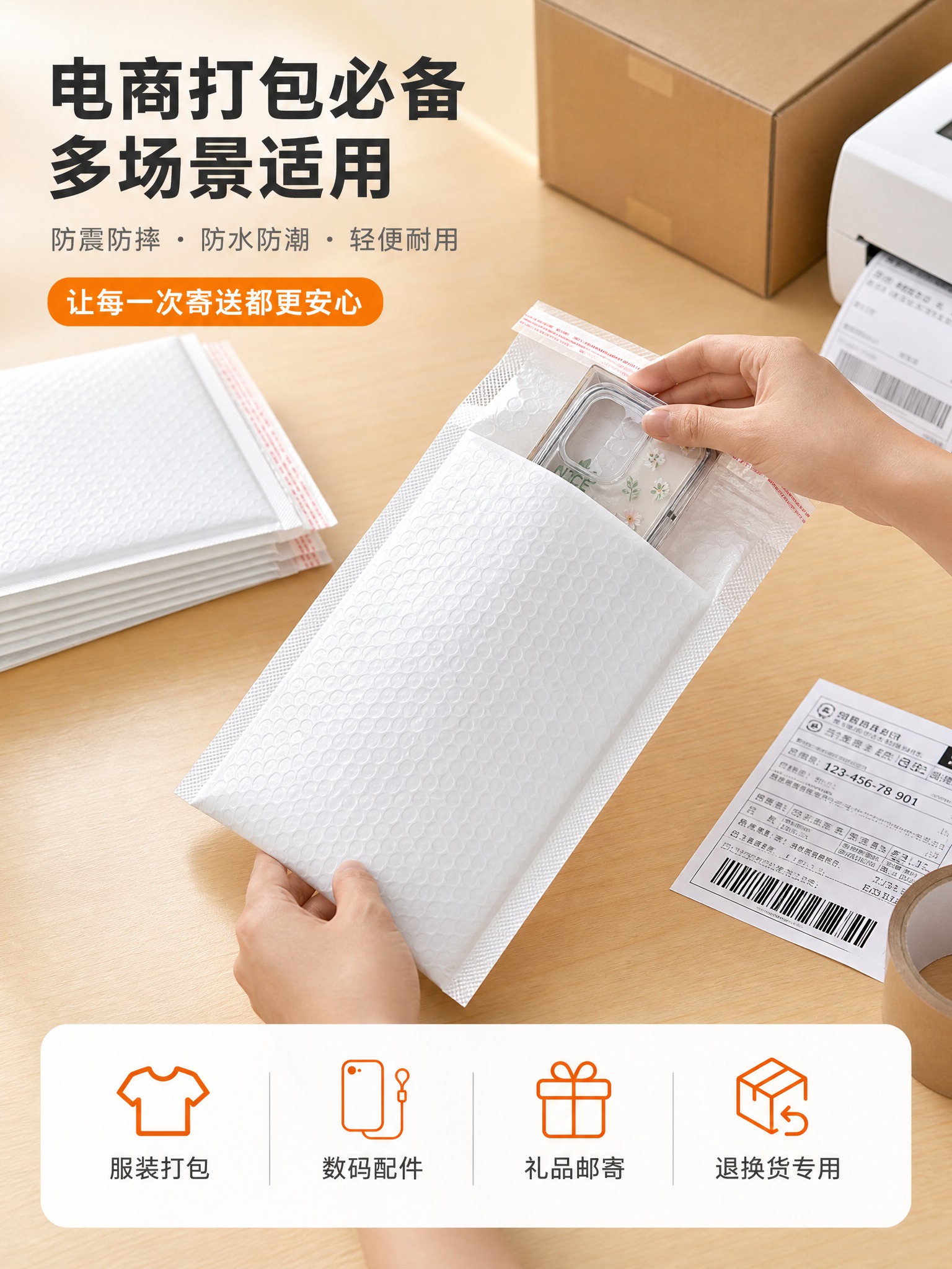 [主图-4] 使用场景与适用范围 展示气泡信封袋在快递打包中的… - 图片创意预览