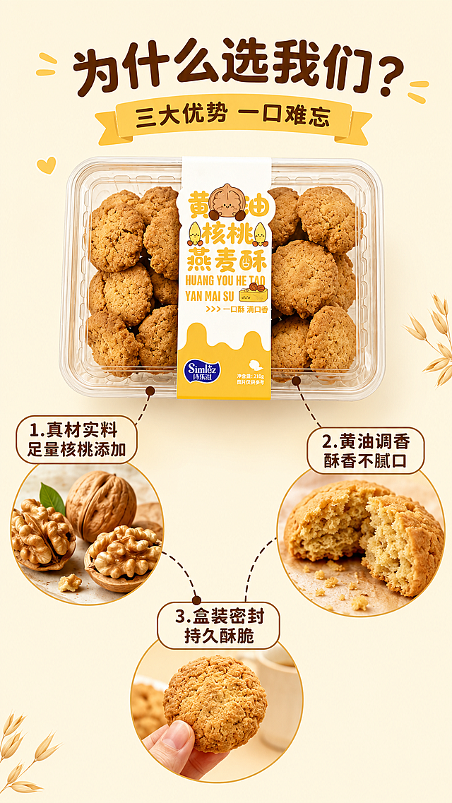 [第5屏] 卖点拆解-选择诗乐滋黄油核桃燕麦酥的三个理由。
[氛围/风格] 信息清晰直观，保持温馨暖调美食风格统一。
[元素布局] 顶部大标题，中间放置原产品完整包装，保持包装外观与输入图一致，产品位于画面中心，三个卖点从产品向外引线标注，每个卖点配一个小的场景示意图：第一个卖点搭配核桃原料图，第二个搭配酥脆剖面特写图，第三个搭配手拿燕麦酥示意图。画面整体信息层次清晰，不拥挤。
[光影质感] 均匀柔和顶光，每个卖点区域光线充足，文字和示意图都清晰可读，产品主体高亮突出。
[配色色系] 全局统一底色#FFF9EA（浅暖米黄）；主体配色：#F2C94C（黄油黄）+ #D4A76A（燕麦酥棕）+ #8B5A2B（核桃棕）；辅助色：#1E1E1E（文字深棕），配色与全套保持一致。
[视角构图] 中心产品+环绕卖点的对称式构图，平视视角，平衡舒适。
[文字版式] 顶部大标题"为什么选我们？"，圆角深棕色字体，下方副标题"三大优势 一口难忘"；三个卖点分别是：1. 真材实料 足量核桃添加 2. 黄油调香 酥香不腻口 3. 盒装密封 持久酥脆。每个卖点用引线连接到对应示意图，文字使用圆角深棕色字体，统一采用圆角黑体、深棕色纯色填充，字体风格与首屏保持一致。
[比例分辨率] 9:16竖版比例，宽度1080像素，高度1920像素，文字清晰可辨，超高清。
[负向提示词] 卖点文字重叠，产品包装变形，引线错乱，颜色偏差，水印，背景杂乱
