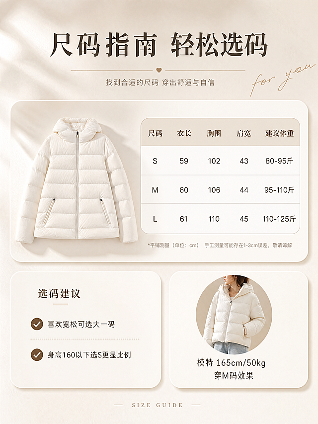 [商品] 使用【图1】奶白色连帽短款羽绒服；商品处理：保留连帽、拉链、绗缝、口袋、短款版型、奶白色；自然去皱，增强面料质感，不改变版型结构；正面平铺展示。
[画面] 目标：尺码信息与选购建议页。构图：左上方羽绒服正面平铺小图（占30%），右侧和下方为尺码信息表格+选码建议。前中后景：前景米白色纸张质感桌面，中景羽绒服+尺码卡片，后景浅米色渐变背景+柔和投影。
[视觉] 套系策略：风格=韩系极简高级杂志风；标题字=纤细优雅宋体粗体；正文字=现代无衬线细体；主色=奶白米杏；背景延展=基于奶白米杏做深浅层级、同色渐变和细腻墙面/织物质感；强调色=奶茶棕，仅用于小面积图标、引线和标签；标题色=深炭棕；正文色=暖灰棕；组件=细线引线、圆角浅底信息卡、手写英文装饰；光影=左前侧暖柔自然光，柔和阴影。
[文字] 顶部主标题"尺码指南 轻松选码"，下方圆角表格列出S/M/L三个尺码，字段含"尺码""衣长""胸围""肩宽""建议体重"；表格下方选码建议："喜欢宽松可选大一码""身高160以下选S更显比例"；右下角模特信息："模特165cm/50kg 穿M码效果"；底部小号英文"SIZE GUIDE"；文字均为横排，手机端清晰可读。
[规格] 图片比例3:4竖版，4K，避免变形、错字、文字过小、冷蓝背景、衣服颜色改变、版型失真、绝对化用语。