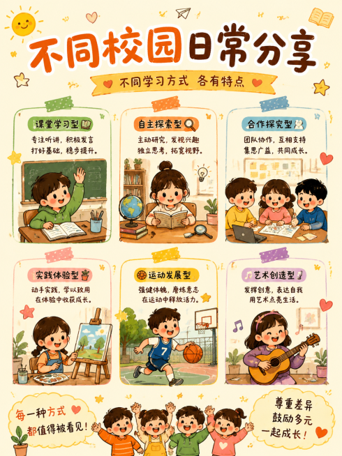 童趣手绘插画，不同教育模式分享总结，标题写"不同校园日常分享"，画面展示不同学习方式各有特点，鼓励多元化发展，暖色调活泼排版，适合小红书总结配图预览效果