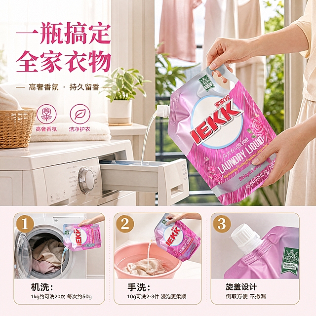 [商品] 使用【图1】家家宜高奢香氛洗衣液1kg自立吸嘴袋；保留包装全部原貌，修复褶皱平整；本张产品出现在洗衣场景中，由人物手部握持使用。
[画面] 目标：真实使用场景页，展示居家洗衣场景与手洗/机洗用量步骤。构图：上下分栏，上半区人物居家洗衣场景，下半区三步用量说明。景别：中景人物+步骤特写拼图。阅读动线：顶部场景→底部三步流程。前中后景：上半区明亮阳台/洗衣房，亚洲女性手部握持洗衣液袋往洗衣机倒，背景有晾晒的衣物和绿植；下半区三个步骤小图横向排列。场景：温馨明亮的现代家居洗衣房，自然光，生活感真实自然。
[视觉] 套系策略：风格=高奢香氛感商业摄影+温馨家居氛围；标题字=优雅衬线粗体+现代黑体组合；正文字=简洁无衬线黑体；主色=玫粉+玫瑰金；背景延展=暖调家居环境色+浅玫粉信息条底色；强调色=香槟金，仅用于步骤编号、图标和分割线；标题色=深玫红；正文色=深棕灰；组件=编号圆形步骤卡、金线分割、圆角信息框；光影=自然暖光，明亮通透，生活感光影。
[文字] 上半区叠加主标题：一瓶搞定 全家衣物；下半区三步使用说明：① 机洗：1kg约可洗20次 每次约50g ② 手洗：10g可洗2-3件 浸泡更柔顺 ③ 旋盖设计 倒取方便 不撒漏；步骤编号用金色圆形底，全部文字横向排版，字号清晰手机端可读。
[规格] 图片比例1:1，4K分辨率，负向提示：避免人物面部不自然、包装变形、用量数据虚构夸张、冷蓝调、文字竖排、平台Logo。