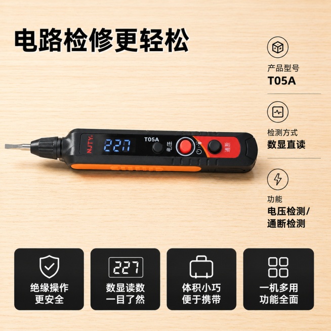 使用电商主图技能生成5张比例1:1的电商主图，适配平台为京东，商品为「图片1」，商品卖点为多功能数显智能测电笔 安全查电 • 绝缘操作 • 多功能一体 • 携带轻便，电路检修更轻松 。 适用人群 ：预览效果