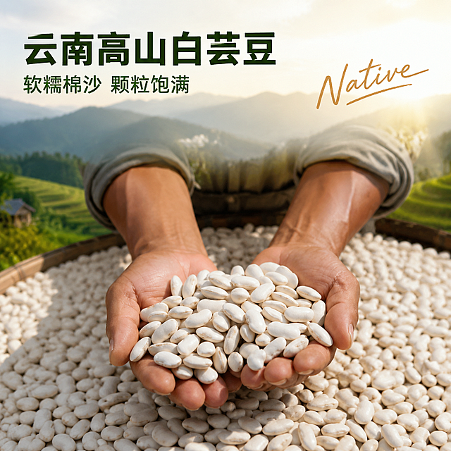 [主图-1] 云南高山白芸豆首图展示，突出产品新鲜饱满
[氛围风格] 自然质朴的产地氛围，食欲感满满
[画质] 商业摄影质感，光线柔和通透，产品清晰真实，画面干净高级
[元素] 一双手捧起饱满的白芸豆放置画面中心，背景是大量白芸豆铺垫，融入云南高山梯田自然背景，保持白芸豆外观（物理结构、材质质感、颜色）与输入产品图绝对一致，杜绝任何变形和色差，精细化处理。商品主体占比严格控制在60%-80%之间，画面满屏无边框
[光影] 自然高山暖阳逆光，突出白芸豆的干净质感，通透不灰蒙，光比舒适，高光不溢，暗部有层次
[配色] 主色调为白芸豆自然米白色，辅色为高山清新绿色，整体自然干净
[视角构图] 平视视角，景深中等，焦点集中在双手捧起的白芸豆上，轮廓完整不裁切
[文字版式] 左上负空间左对齐留安全边距，大字文案写"云南高山白芸豆"，深绿色粗体最大号无衬线字体；下方辅助短句写"软糯棉沙 颗粒饱满"，约半高，同色系略浅。右侧点缀浅棕色手写体装饰词"Native"
[比例分辨率] 1:1 比例，4k 分辨率，文字清晰锐利，画面超高清
[负向提示词] 变形，水印，文字错乱，产品图模糊，背景杂乱，色彩饱和度低