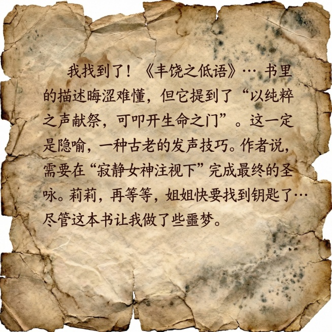 将纸张调整得更破损，替换文字为“我找到了！《丰饶之低语》…书里的描述晦涩难懂，但它提到了“以纯粹之声献祭，可叩开生命之门”。这一定是隐喻，一种古老的发声技巧。作者说，需要在“寂静女神注视下”完成最终的预览效果