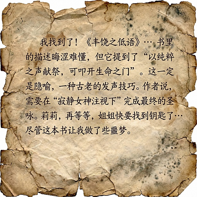 将纸张调整得更破损，替换文字为“我找到了！《丰饶之低语》…书里的描述晦涩难懂，但它提到了“以纯粹之声献祭，可叩开生命之门”。这一定是隐喻，一种古老的发声技巧。作者说，需要在“寂静女神注视下”完成最终的圣咏。莉莉，再等等，姐姐快要找到钥匙了…尽管这本书让我做了些噩梦。”