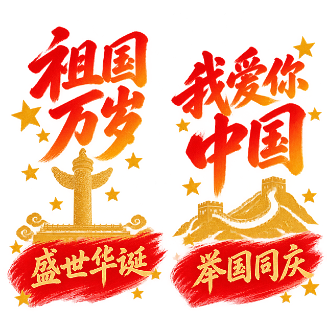 国庆主题装饰图案，同样的红橙渐变毛笔书法字体风格，金色建筑剪影，金色五角星点缀，红色笔刷底纹配金色毛笔字标语，无黑色描边无阴影，透明背景。左侧：巨大的红橙渐变毛笔书法“祖国万岁”四字，下方是金色华表剪影，再下方红色笔刷底纹配金色毛笔字“盛世华诞”，周围点缀金色五角星；右侧：红橙渐变毛笔字“我爱你中国”，下方是金色长城剪影，红色笔刷底纹配金色毛笔字“举国同庆”，周围点缀金色五角星。整体风格与参考图一致，毛笔笔触自然，金色质感，高清细节