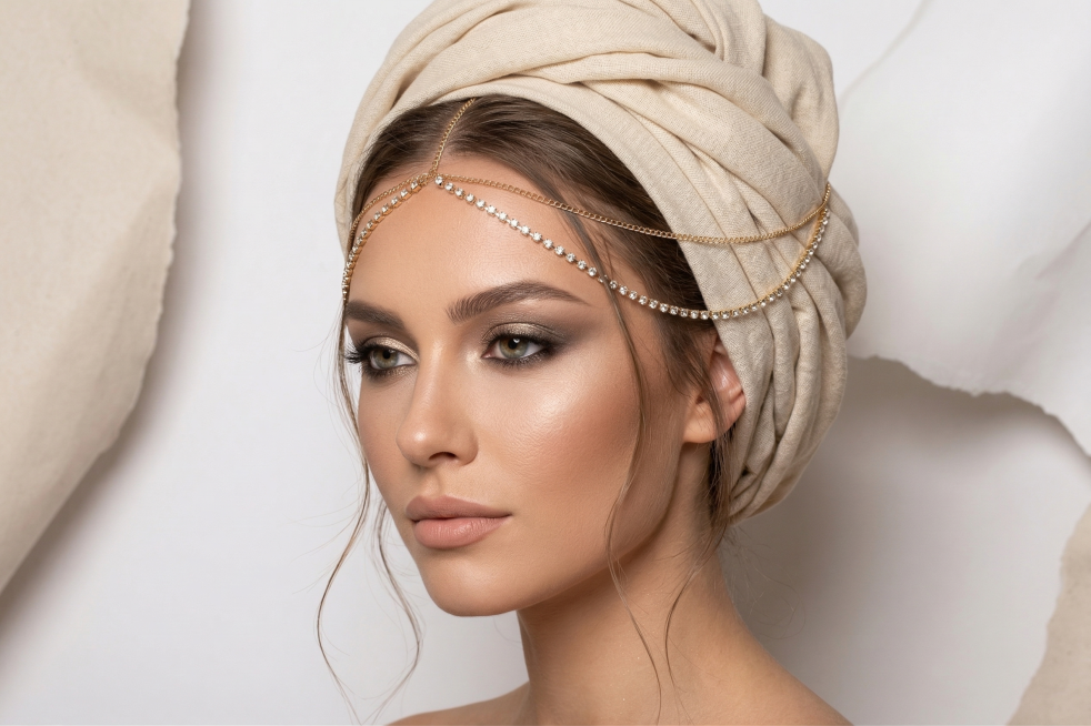 外国女性，头戴图中的金色镶钻链条额头配饰，妆容精致，造型时尚，画面高清质感，配饰细节还原真实佩戴效果预览效果