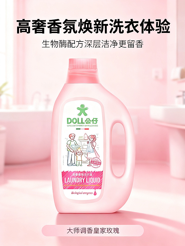 [第1屏] 详情页头图-公仔高奢香氛洗衣液（皇家玫瑰味）产品宣传海报。本屏使用商品图作为主体，保持瓶身结构、轮廓、文字内容、颜色与原图完全一致。整体是温馨家居氛围感，浅粉色调柔和背景，商业摄影高清质感，干净通透。粉色洗衣液瓶身放置在画面视觉中心，占比约65%；背景添加浅粉色浴室洗衣场景虚化元素，底部搭配浅粉色信息条；整体层次分明，主体突出。正面柔光均匀照明，瓶身保留清晰高光轮廓，底部自然柔和投影，明暗过渡自然，商品清晰真实。全局底色 #fff5f8；主色浅粉渐变；辅助色白色背景、绿色品牌标识点缀、粉色信息条。正面平视视角，产品为绝对视觉中心，阅读动线从上到下流畅自然。版式为顶部标题 + 中心产品 + 底部信息条。主标题高奢香氛焕新洗衣体验，副标题生物酶配方深层洁净更留香，居中排版，加粗无衬线字体；底部信息条标注大师调香皇家玫瑰，文字不遮挡瓶身主体。文字清晰可辨，高清画质，禁止出现瓶身变形、缺件错件、颜色偏差、包装文字错乱、水印、文字过小、背景杂乱