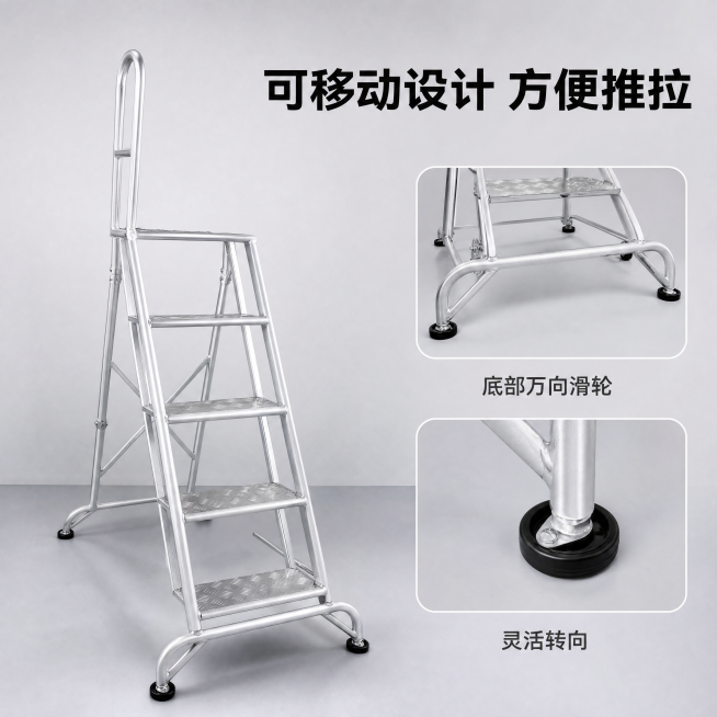 [主图-2] 核心卖点展示，可移动滑轮设计
[氛围风格] 专业技术展示风，清晰直观
[画质] 商业摄影质感，产品清晰真实，画面干净高级
[元素] 保持梯子整体结构材质颜色与原图完全一致，左侧放梯子整体预览效果
