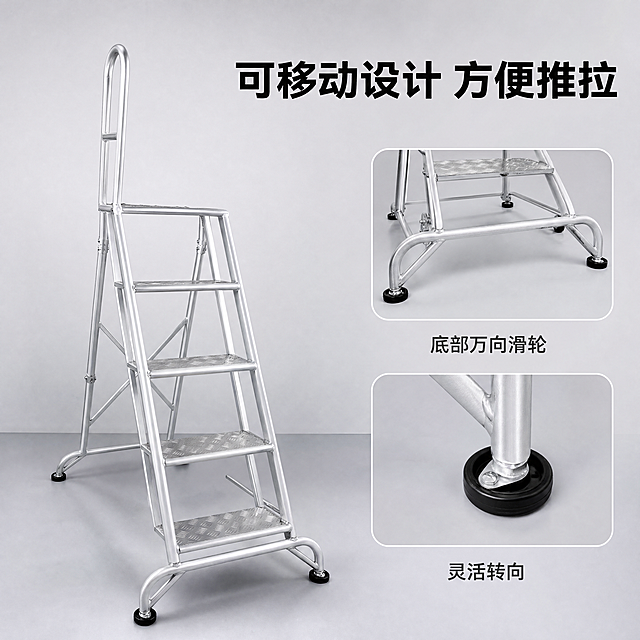 [主图-2] 核心卖点展示，可移动滑轮设计
[氛围风格] 专业技术展示风，清晰直观
[画质] 商业摄影质感，产品清晰真实，画面干净高级
[元素] 保持梯子整体结构材质颜色与原图完全一致，左侧放梯子整体图，右侧放2个细节图框，分别展示底部滑轮结构和万向轮细节，每个细节图框带对应标题标注。浅灰色工作台背景，整体满版构图，产品占比合理。
[光影] 明亮均匀布光，金属滑轮结构清晰，阴影层次自然
[配色] 浅灰背景，银色梯子，深灰文字标注，清晰对比
[视角构图] 左侧整体斜侧视角，右侧特写平视，分层布局，结构清晰
[文字版式] 顶部大标题"可移动设计 方便推拉"，黑色加粗；右侧每个细节图框下方标注对应文字"底部万向滑轮"「灵活转向」，字体清晰不遮挡主体。文字占比小于30%，符合京东规范。
[比例分辨率] 1:1比例，4k分辨率，文字清晰，画面超高清
[负向提示词] 变形，色差，文字错乱，背景杂乱，结构模糊