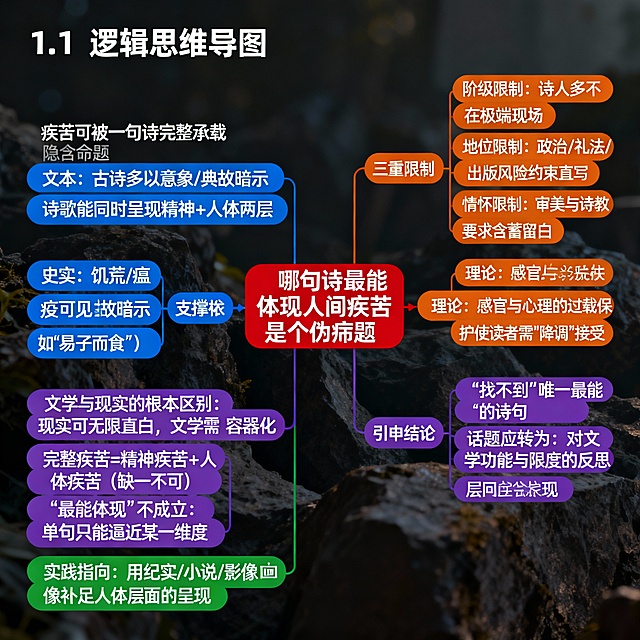 沉郁文艺风逻辑思维导图，扁平拼贴设计融合印刷质感，大字风突出核心命题，暗调背景强化思想深度，节日无涉。
