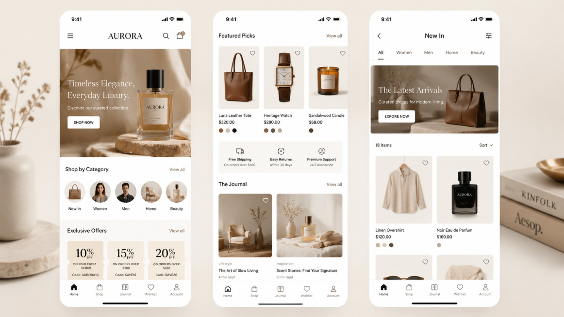 Mobile e-commerce home screen for a fictional premium lifestyle brand. Strong hero banner, product c预览效果