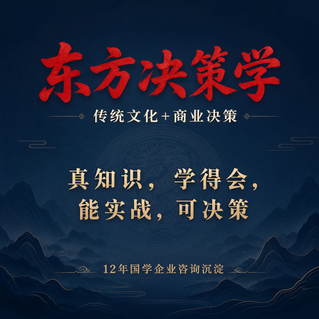800×800正方形课程主图头图，东方决策学传统文化+商业决策课程。藏蓝色国风渐变底，简约高端设计，顶部居中朱砂红大字标题“东方决策学”，副标题米白色小字“传统文化+商业决策”，核心slogan浅金色预览效果
