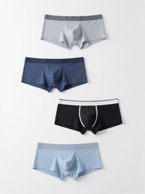 纯白色背景上，4条不同造型的男士平角内裤系列素材集合，规整排布成2x2网格。每条内裤均保持简约写实的电商产品摄影风格，高清晰度，柔和均匀的光线，无明显阴影，突出面料的细腻质感和垂坠感。第一条内裤为浅灰色，深灰色宽腰边；第二条内裤为深蓝色，同色系细腰边，侧边有斜向拼接缝；第三条内裤为黑色，白色细腰边，正面中央有简约竖条纹装饰；第四条内裤为浅蓝色，腰边有波浪形花纹设计。所有内裤均采用类似的立体剪裁……预览效果