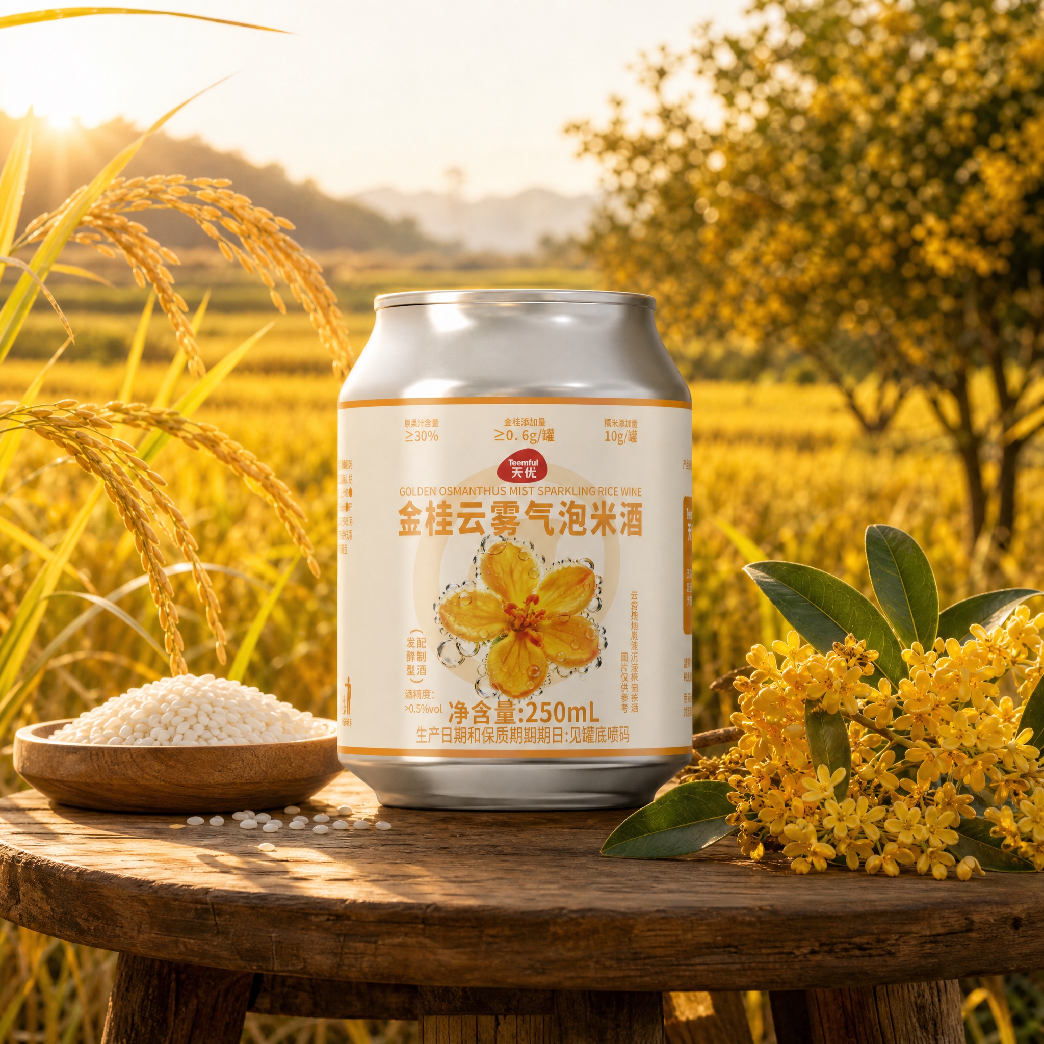 桂花稻田产地场景。天优金桂云雾气泡米酒罐放在质朴的木质小桌上，… - 图片创意预览