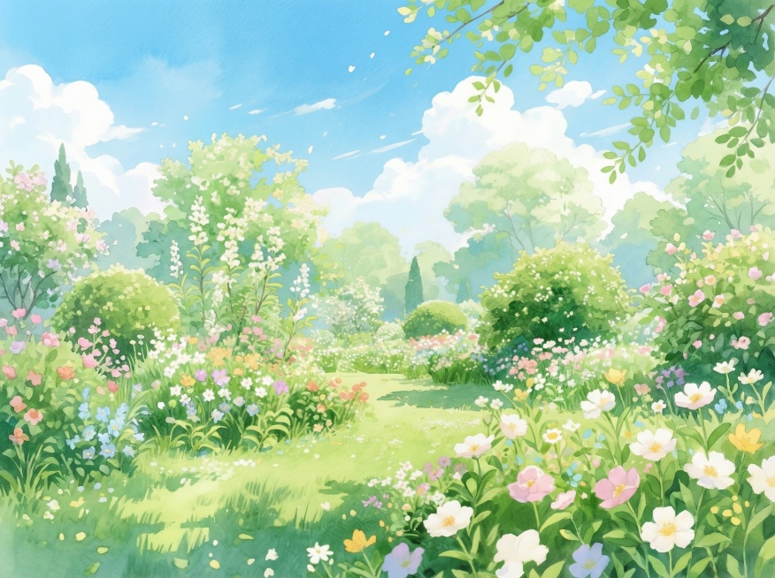 在图片两侧进行扩展，将图片比例修改为4:3，保持原图的水彩风格、花园景色和色彩不变，扩展部分和原图自然融合预览效果