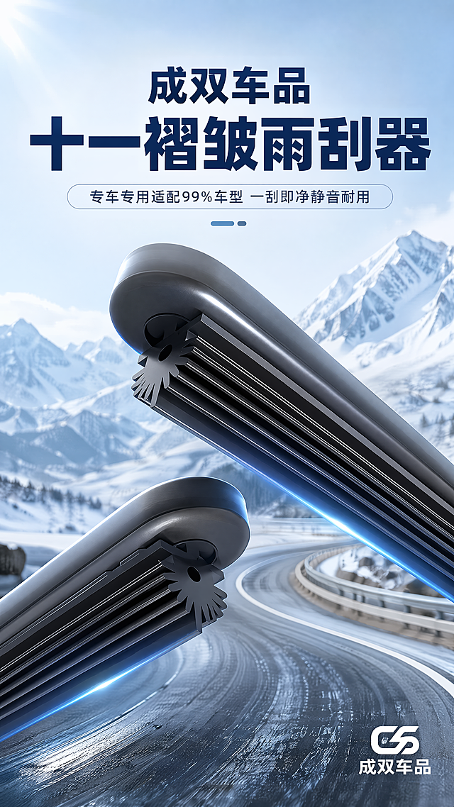 [第8屏] 首屏主图海报，产品为成双车品品牌十一胶条无骨雨刮器。主标语文字为"成双车品 · 十一褶皱雨刮器"，副标题补充核心卖点"专车专用适配99%车型 一刮即净静音耐用"。主体展示两支成双雨刮器产品斜向排列，突出展示11道褶皱胶条截面结构。背景使用雪山公路场景，营造行车视野开阔的氛围。右下角小尺寸放置"成双车品"LOGO。风格为科技质感，3D渲染，干净大气。保持雨刮器产品结构颜色与输入图一致。[氛围/风格] 大气开阔，科技感强，产品突出。[元素布局] 顶部主标题，主体两支雨刮器斜向放置占据画面中心大部分区域，背景雪山公路场景，LOGO右下角。[光影质感] 主光源从上方照亮产品，产品边缘清晰有光泽，背景柔和虚化突出主体。[配色色系] 浅蓝白色调背景，产品深灰色，主标题深蓝色，副标题浅灰色，整体干净清新。[视角构图] 主体产品斜向构图，视觉动感强，标题在顶部，层次分明。[文字版式] 主标题大字号深蓝色居中，副标题小字号浅蓝在主标题下方，文字不遮挡产品主体，清晰可读。[比例分辨率] 9:16竖版，4K分辨率，文字清晰。[负向提示词] 产品结构变形，褶皱数量错误，颜色偏差，文字错乱，背景杂乱，水印。