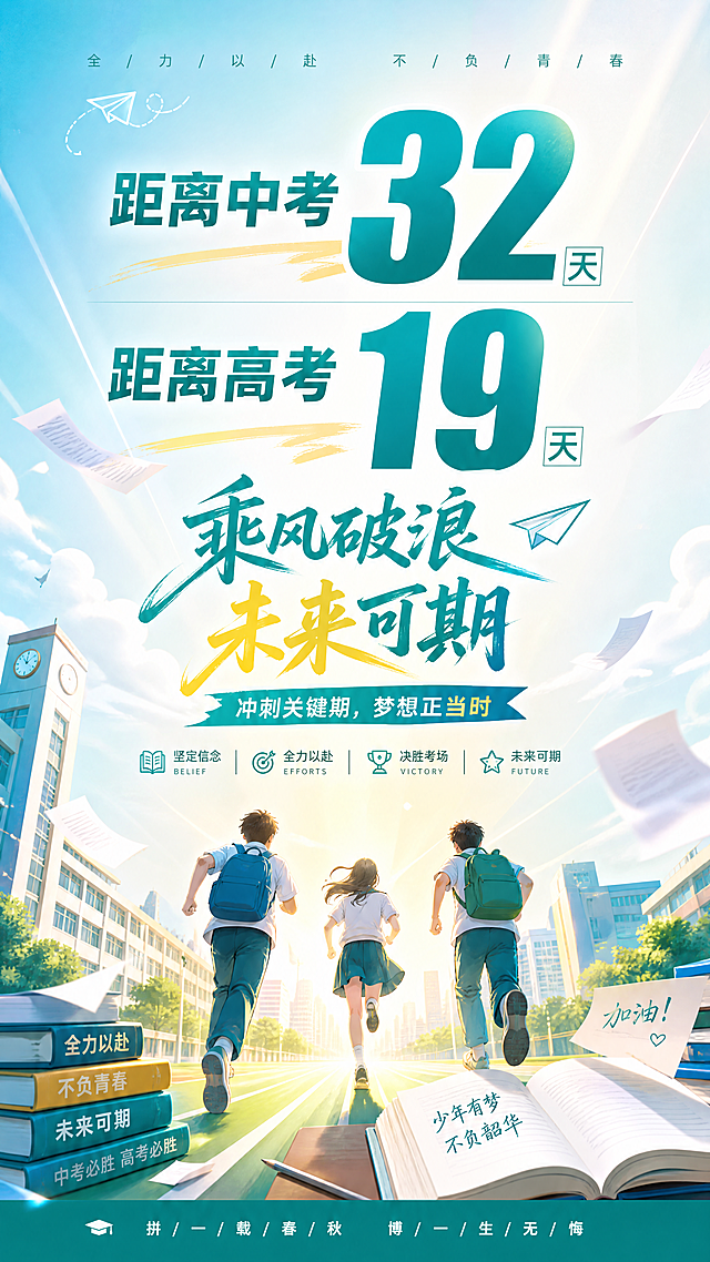 全日制宣传海报，上海中高考倒计时，醒目位置标注"距离中考32天 距离高考19天"，整体配色舒适清新，画面具有吸引力，添加激励话术如"乘风破浪，未来可期"，排版简洁大气，海报设计