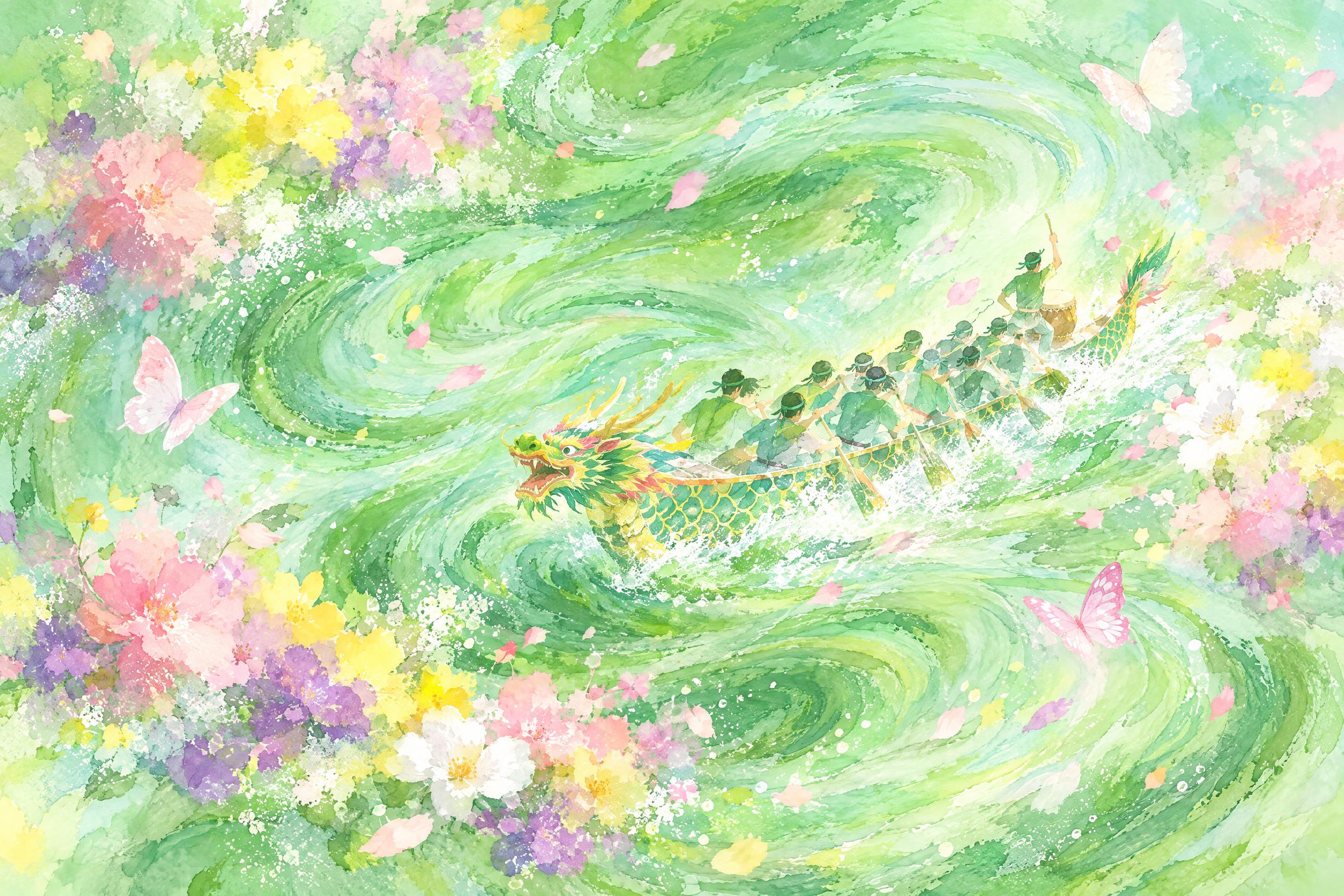 参考图中的春日水彩绿色春意风格，流动绿色漩涡水彩背景，点缀彩色… - 图片创意预览