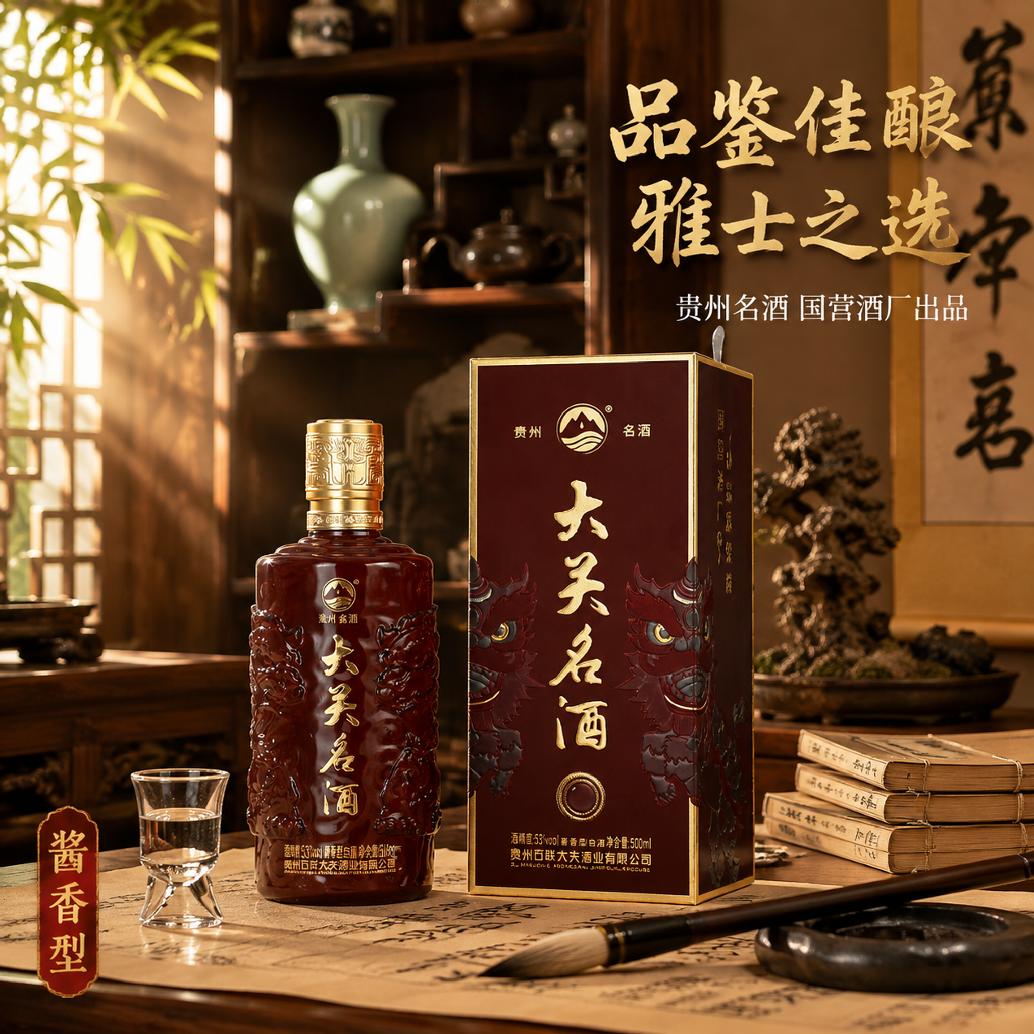 [主图-6] 贵州大关名酒中式书房品鉴场景图，突出文人雅士品鉴… - 图片创意预览