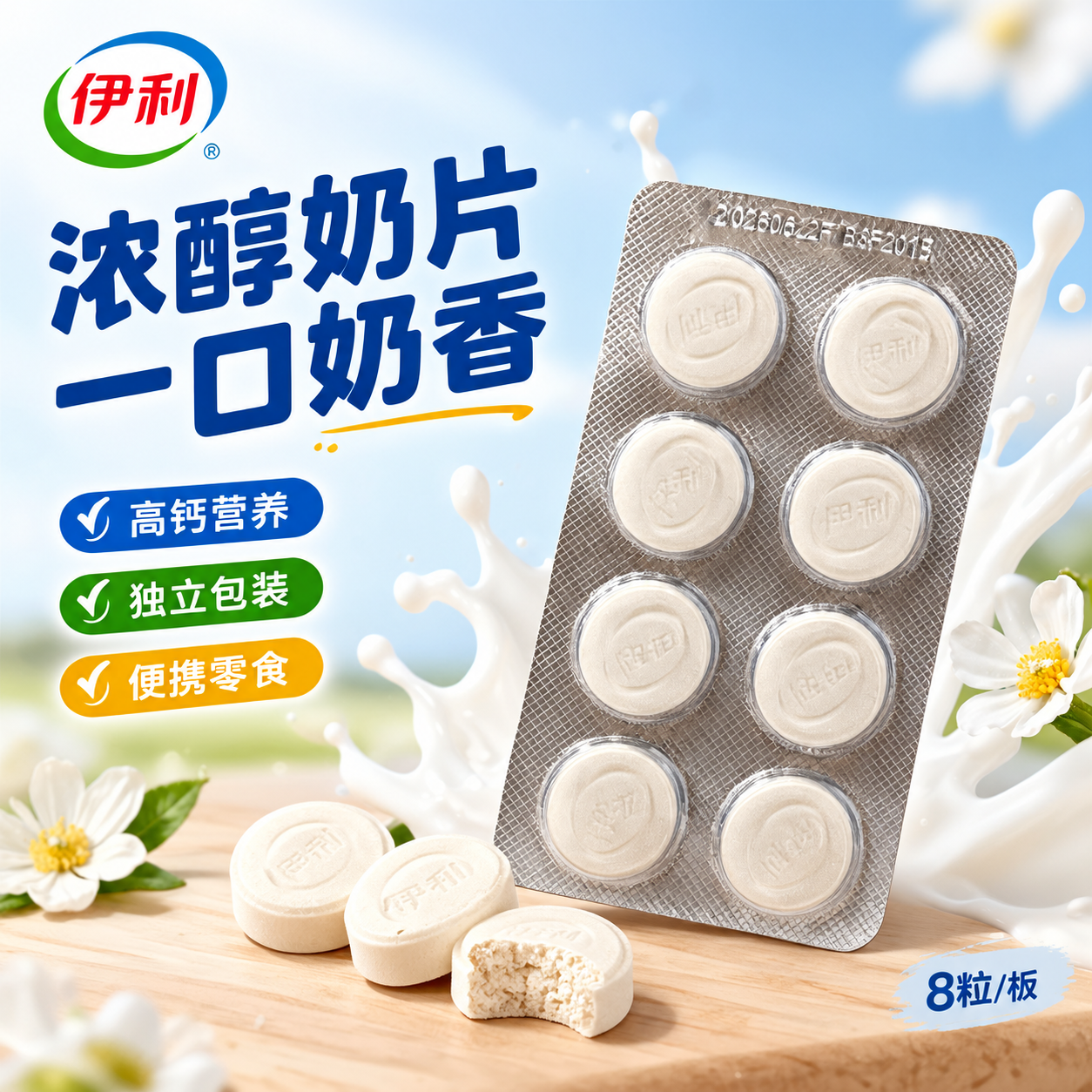 [单张主图] 伊利奶片 爆款促销感主图 突出奶香浓醇与便携零食… - 图片创意预览