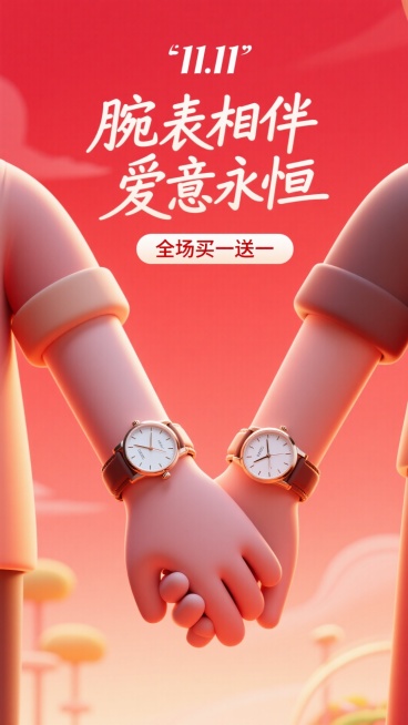 背景是柔和温暖的朱砂红色，如同晚霞。画面采用极简的剪影手法，聚焦于一对情侣的手腕特写，他们正在深情牵手，手腕上佩戴着同系列的对表。手表是画面中唯一有细节和光泽的实体，重点突出。
上面放着小一点的“11预览效果