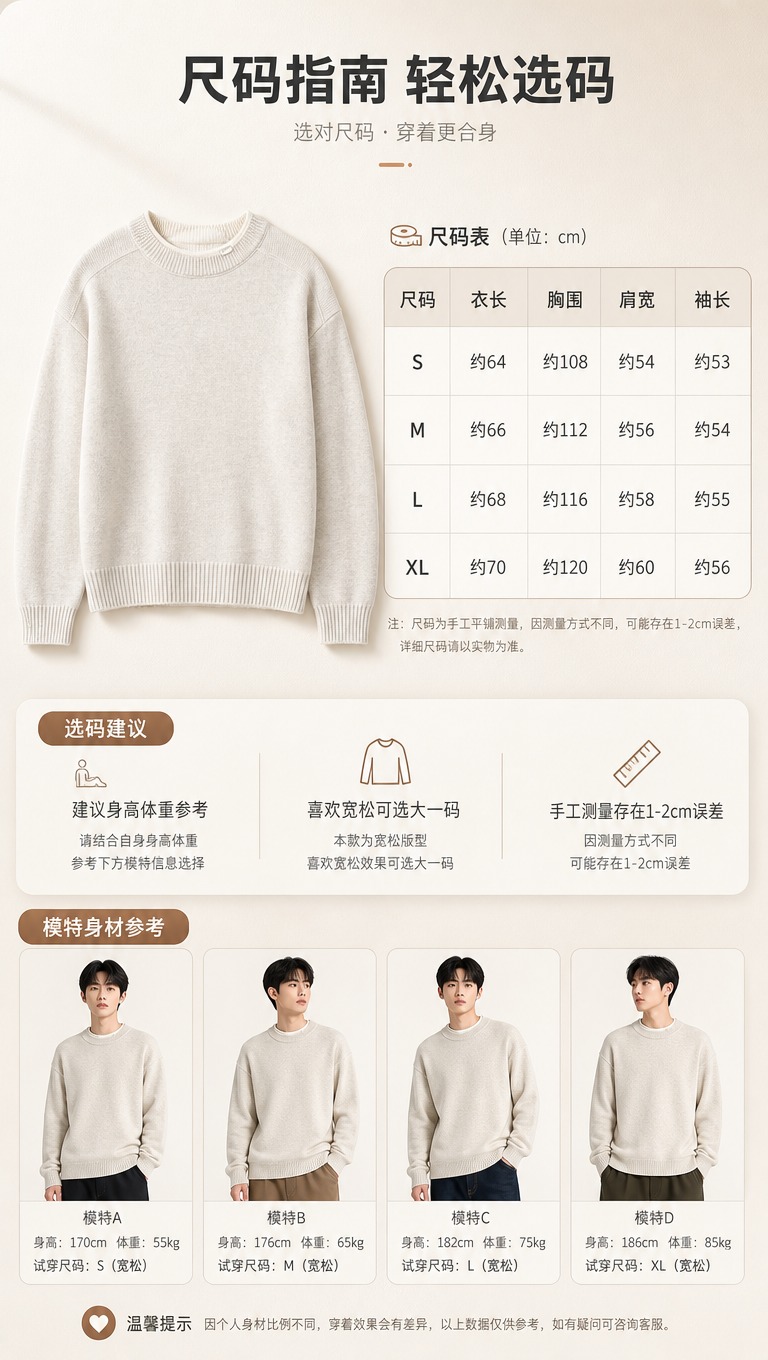 [商品] 使用【图1】燕麦米白色假两件圆领针织毛衣；商品处理：… - 图片创意预览
