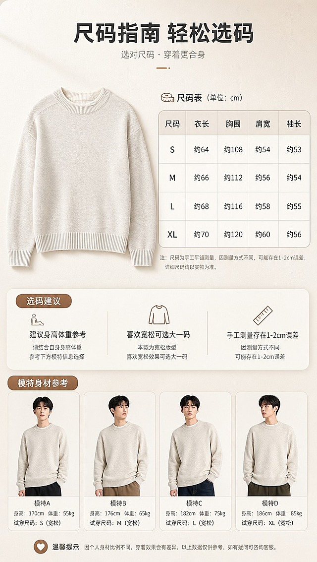 [商品] 使用【图1】燕麦米白色假两件圆领针织毛衣；商品处理：保留圆领、假两件双层领口、落肩袖、罗纹下摆与袖口、整体宽松版型、燕麦米白颜色和针织面料；自然去除衣身杂乱褶皱，理顺垂坠，增强针织纹理、缝线和罗纹收口质感，不改变版型、颜色和结构。
[画面] 目标为尺码信息与选购指南页；竖版构图，上半部分左侧为毛衣正面平铺展示图，右侧为尺码表格；下半部分为选码建议和模特身材参考信息；背景为浅米色哑光质感，搭配细线条和圆角信息卡，整体干净专业。
[视觉] 套系策略：风格=韩系轻熟通勤高级商业摄影；标题字=现代简约无衬线粗体；正文字=纤细无衬线体；主色=燕麦米白；背景延展=基于燕麦米白做深浅层级、同色渐变和细腻织物/哑光纸张质感；强调色=焦糖棕，仅用于小面积图标、引线和标签；标题色=深炭灰；正文色=中暖灰；组件=圆角浅底信息卡、细线引线、手写英文小标签；光影=左前侧暖柔自然光，柔和阴影。
[文字] 顶部主标题「尺码指南 轻松选码」，表格含尺码（S/M/L/XL）、衣长、胸围、肩宽、袖长字段（用约/适合等保守表达），下方选码建议：建议身高体重参考 / 喜欢宽松可选大一码 / 手工测量存在1-2cm误差；文字全部横向排版，表格清晰手机端可读。
[规格] 图片比例9:16竖版，4K分辨率，淘宝/天猫详情页风格，中文文案；避免变形、错字、文字过小、冷蓝背景、毛衣颜色改变、版型失真、极限词、虚构精确参数。