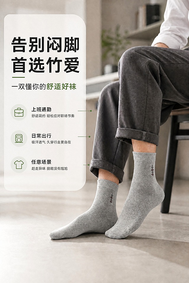 基于原图进行修改，保持画面构图、人物、袜子产品、背景、整体风格和排版布局完全不变，仅替换左侧白色圆角信息框中的文字内容：
1. 主标题「日常通勤 百搭优选」改为「告别闷脚 首选竹爱」，字体样式、大小、颜色、位置保持不变
2. 副标题「一双懂你的舒适好袜」保持不变
3. 第一个图标旁「上班通勤」标题下的「简约得体 轻松应对职场节奏」改为「舒适简约 轻松应对职场节奏」
4. 第二个图标旁「日常出行」标题下的「柔软贴合 久穿行走更舒适」改为「吸汗透气 久穿行走更自在」
5. 第三个图标旁「休闲穿搭」标题改为「任意场景」，下方「百搭不挑风格 轻松驾驭日常造型」改为「赶走异味 脱鞋没有尴尬」
所有文字字体、颜色、大小、对齐方式与原图保持一致，画面其他元素完全不变