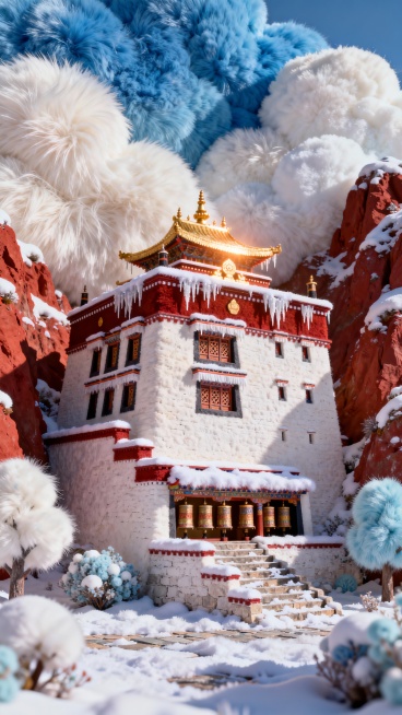 仰拍，冬日的布达拉宫紧贴红山岩壁，白宫墙体的夯土纹理清晰，覆着厚雪的檐角垂着冰锥，红宫金顶在暖阳下熠熠生辉。窗棂雕花精致，底层转经筒覆着薄雪，身旁石阶印着雪痕，天蓝如洗，建筑细节与冬日雪色紧密相融，圣预览效果