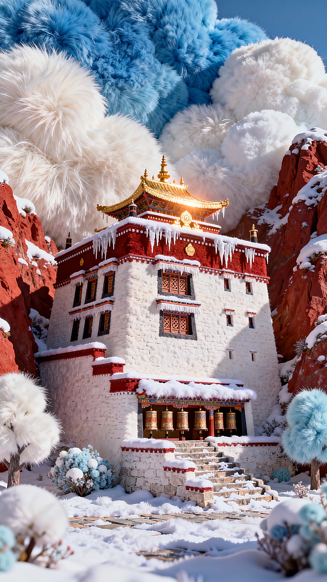 3D微缩艺术风藏式寺庙，毛发生长云朵环绕，粘土质感雪景，梦幻神圣静谧的虚拟自然奇境。