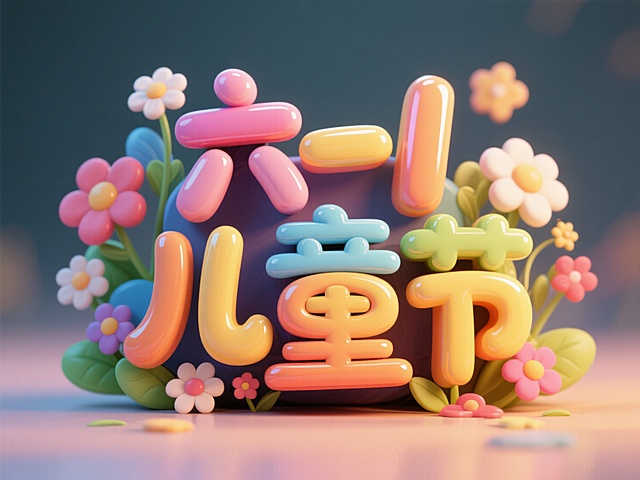 正面视角，玩具3D文字，文字内容为“六一儿童节“，周围鲜花等元素装饰