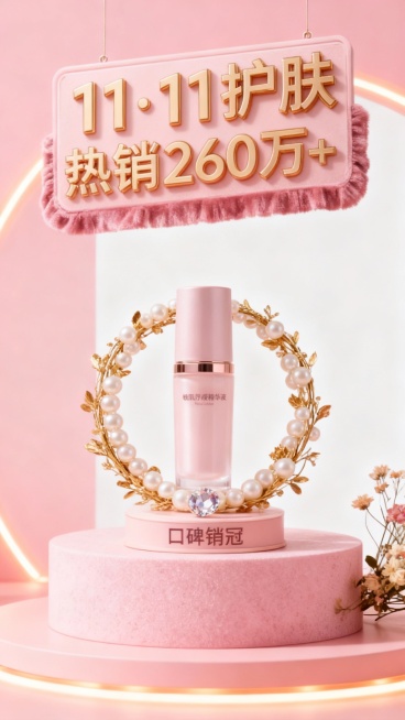 画面中心是珍珠缠绕的金色花环（底座 “口碑销冠”，花环嵌小水晶），和商品一起放在粉色磨砂展台上，旁饰干花。上方是粉金立体文字牌 “11・11 护肤热销 260 万 +”，文字牌缀绒布花边，背景粉白渐变预览效果