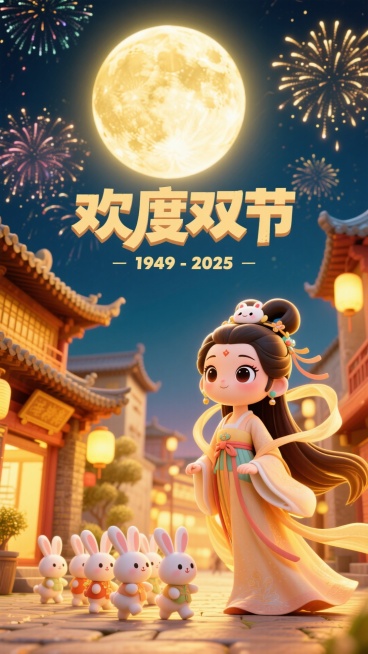 画面呈现金色调：画面上部硕大的满月，月光光辉照亮下边，在右下角，嫦娥（看起来可爱又漂亮，大眼睛，衣服飘飘，长头发，可爱的头饰）边上跟着一群拟人化的小兔子，走在古色古香的城镇中，天空有烟花，在画面中上部预览效果