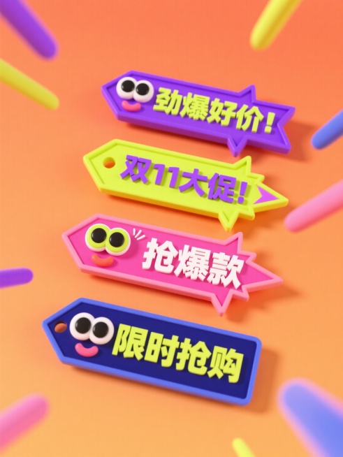一套4个促销标签素材，排列整齐，标签搭配箭头、爆炸框等电商标签常用元素，每个标签都有眼睛，有不同的表情和颜色，根据文案思考表情情绪，文案分别是：劲爆好价、双11大促、抢爆款、限时抢购预览效果