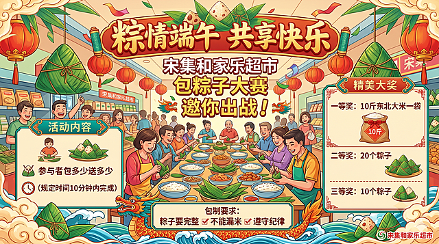 活动主题:“粽情端午共享快乐”宋集和家乐超市包粽子大赛 ，邀你出战 ！
粽子包制比赛内容 :参与者包多少送多少（规定时间 10分钟内完成）最后评选前三名者另有奖品[礼物][礼物][礼物]
一等奖:10斤东北大米一袋
二等奖:20个粽子
三等奖:10个粽子
包制要求:粽子要完整 ，不能漏米 ，遵守纪律