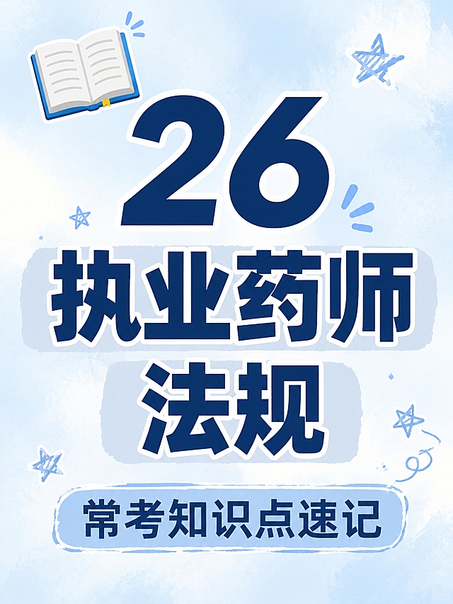 小红书笔记大字封面，纯大字，ins清新风格，版式精美，小红书笔记封面质感，适合信息流点击。主标题必须完整呈现且为画面视觉中心，逐字锁定："26执业药师法规"。主标题字号占画面约55%视觉权重，清晰可读，不得增删改字。副标题："常考知识点速记"。背景：浅蓝奶油弥散底。标题排版：深蓝色粗标题，关键词加浅灰色块底，采用纯大字P07策略。装饰：1个书本emoji放在左上角，搭配手绘小星星装饰。整体氛围：清新干货风。画质：高清细腻，信息清晰。画面比例 3:4，4K。