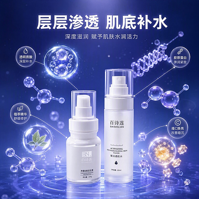 [主图-2] 百诗莲水乳核心功效成分解析图 成分环绕式
[氛围风格] 科研医学感 硬核成分背书 纯净科技风 通透光亮
[画质] 超高清商业摄影质感 3D分子渲染 精细微观结构 画面干净高级
[元素] 画面底部百诗莲水乳两瓶产品并排摆放 产品外观与输入图完全一致 瓶身白色磨砂 透明泵头。产品上方和四周悬浮多种3D成分元素 包括 透明质酸分子球 胶原蛋白螺旋结构 植物精华水滴 水分子簇 维生素C晶体颗粒 每种成分元素大小不一 错落分布 散发柔和微光。成分与产品之间用极细的白色虚线连接 每条线末端对应一个功效标签小图标。背景为深邃渐变蓝紫色 类似实验室微观视角 有淡淡的粒子光点漂浮 营造科技感。保持产品外观物理结构材质质感颜色与输入产品图一致 杜绝变形色差。商品主体占比约40% 位于画面下方三分之一处。
[光影] 顶部柔光主光源 成分元素自发光效果 瓶身顶部有高光 整体冷色调科技光 光线通透 明暗层次丰富
[配色] 主色调深蓝紫渐变 辅色冰蓝 银白 淡紫光
[视角构图] 平视偏俯视 产品在下方 成分元素向上发散 构图呈金字塔形 景深较大 背景粒子虚化
[文字版式] 画面上方居中大字主标题 "层层渗透 肌底补水" 白色粗体无衬线字 字号最大。下方一行小字 "深度滋润 赋予肌肤水润活力" 浅蓝白色 字号约为大字40%。成分元素旁分布四个圆形半透明标签 内部分别写 "透明质酸 深层补水" "胶原蛋白 弹润紧致" "植萃精华 舒缓修护" "维C焕亮 改善暗沉" 标签文字白色 字号小而清晰。文字均不遮挡产品主体
[输出要求] 1:1比例 文字清晰可辨 超高清商业摄影质感
[负向提示词] 变形 文字错乱 产品图模糊 背景杂乱 水印 电商平台Logo 多余的手 畸形手