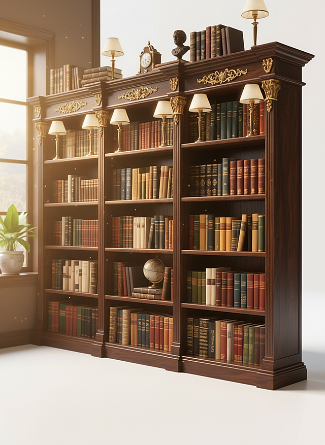 古典欧式宫廷书架，鎏金装饰与木雕工艺结合，复古氛围浓厚，尽显高贵典雅。
