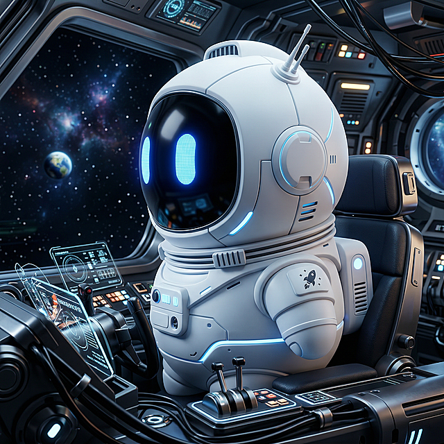 未来感十足的3D风格宇航员，融合科技与酷炫元素，金属质感搭配霓虹蓝光，置身于虚拟现实太空舱内，尽显科幻魅力。