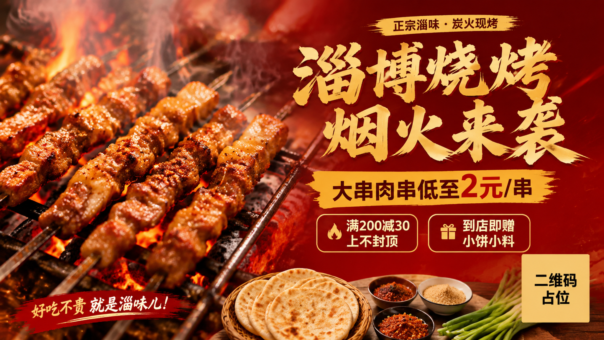 淄博烧烤餐饮促销banner，横版16:9，写实商业摄影风格，热 - 图片创意预览
