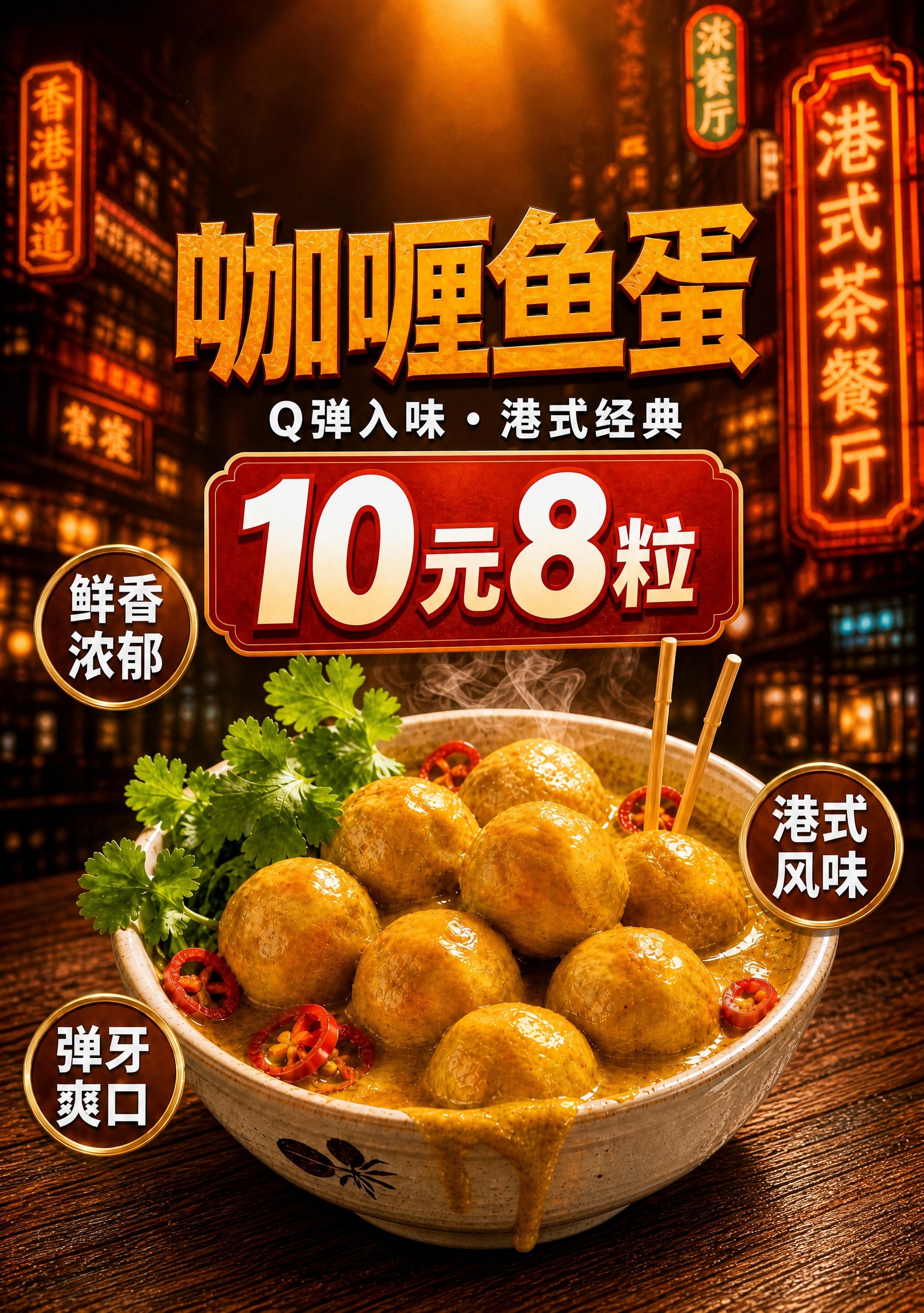 港式咖喱鱼蛋促销海报，写实商业摄影风格，食欲感满满。整体内容整… - 图片创意预览