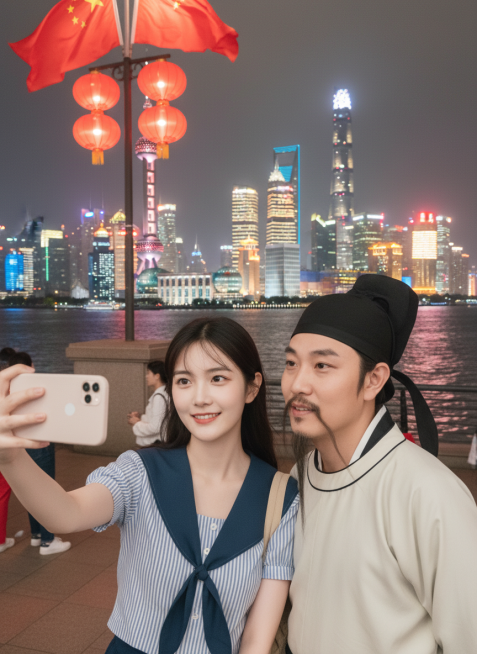 帮图1女生生成一张和图2人物在上海外滩的自拍合照，背景有国庆氛围，图2的人物要真实服装不变，图片要求真实感强，细节丰富，一张非常真实的合照预览效果