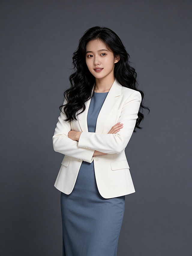 知性白色西装蓝裙双手抱胸女士形象照