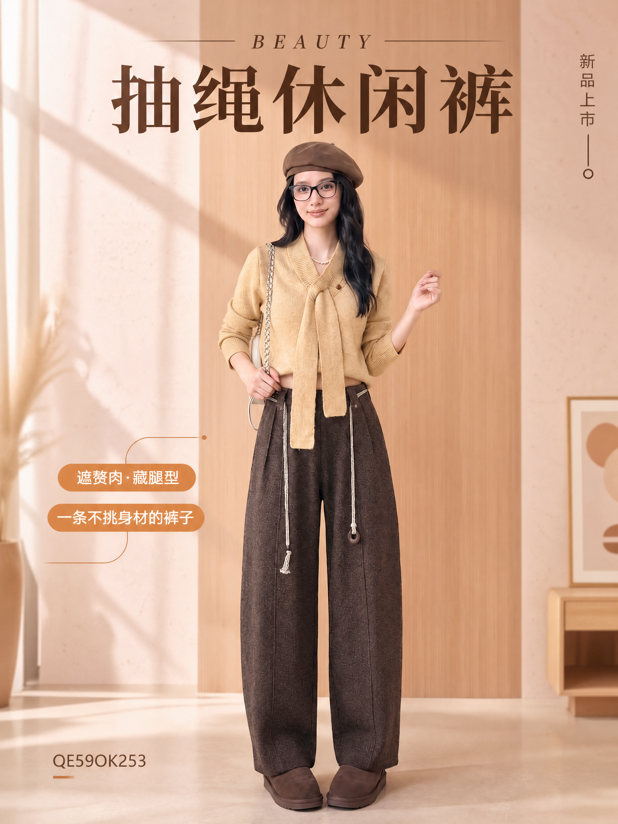 [商品] 使用【图8】咖色抽绳羊毛休闲阔腿裤模特图；商品处理：… - 图片创意预览