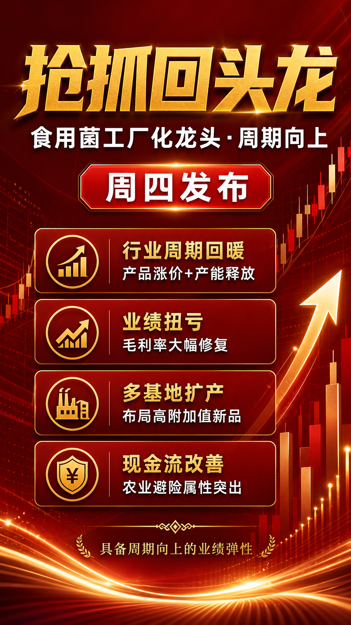 金融财经风格竖版海报，主题为食用菌工厂化龙头投资机会。深红色渐… - 图片创意预览