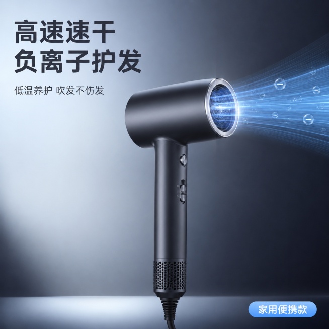 [主图-1] 吹风机产品核心利益首图。
[氛围风格] 现代简约科技风，干净高级电商产品摄影。
[画质] 商业摄影质感、光线柔和通透、产品清晰真实、画面干净高级。
[元素] 大功率负离子吹风机居中放置，预览效果