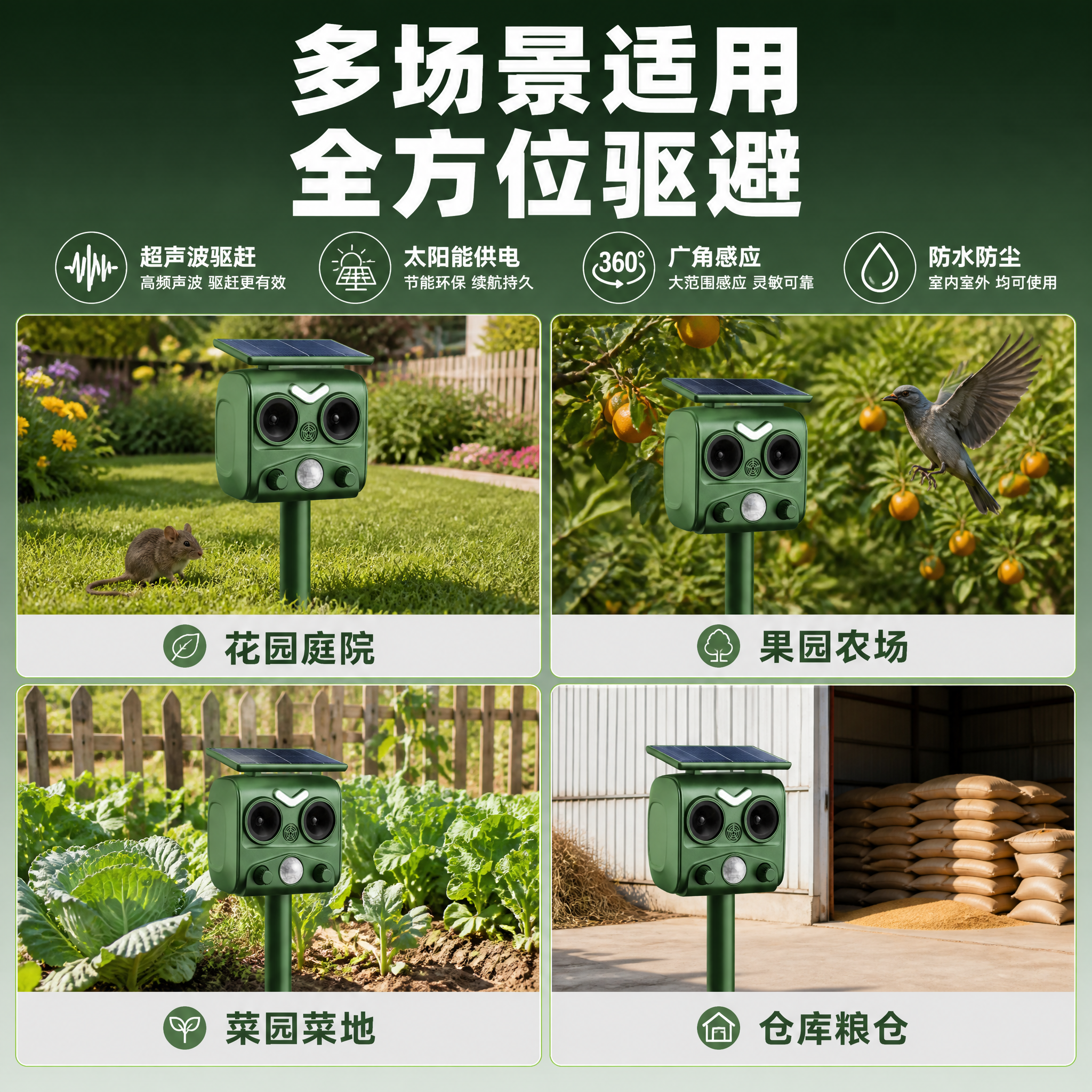 [主图-4] 太阳能超声波驱鼠驱鸟器 多场景适用展示。 [统一… - 图片创意预览